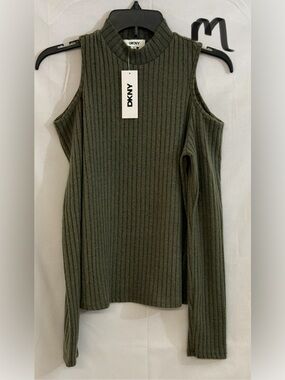 DKNY Olive Green Ribbed Cold-Shoulder Knit Top
